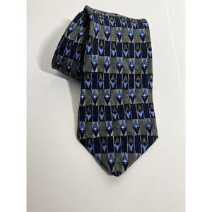 Mulberry EUC 100% Silk Tie Necktie Olive/Blue Diamond Geometric Pattern 55"x3.5"